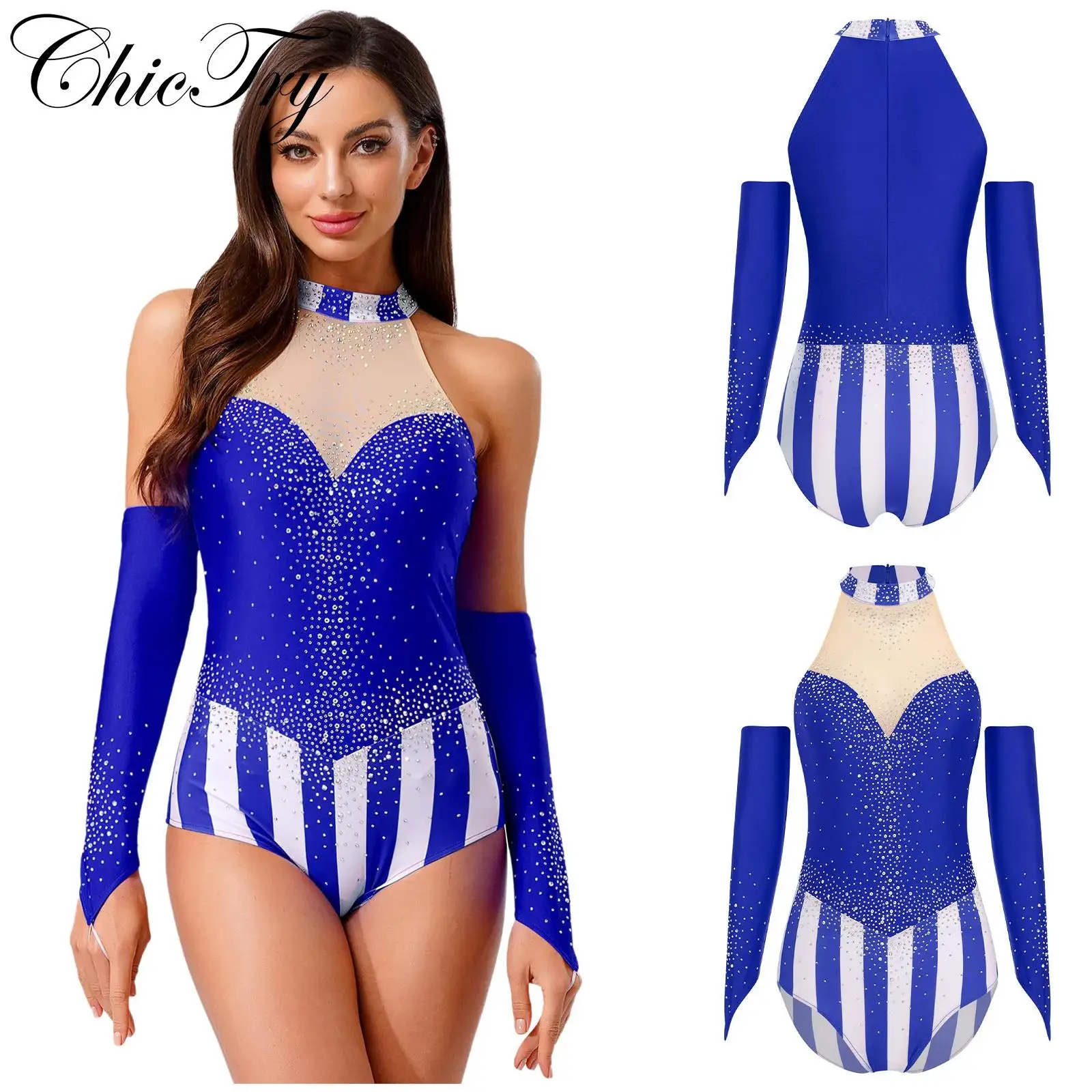 Costume de maître de cirque pour femmes, body de fête Cosplay d'halloween avec ensembles de gants, justaucorps rayé en strass, déguisement de carnaval