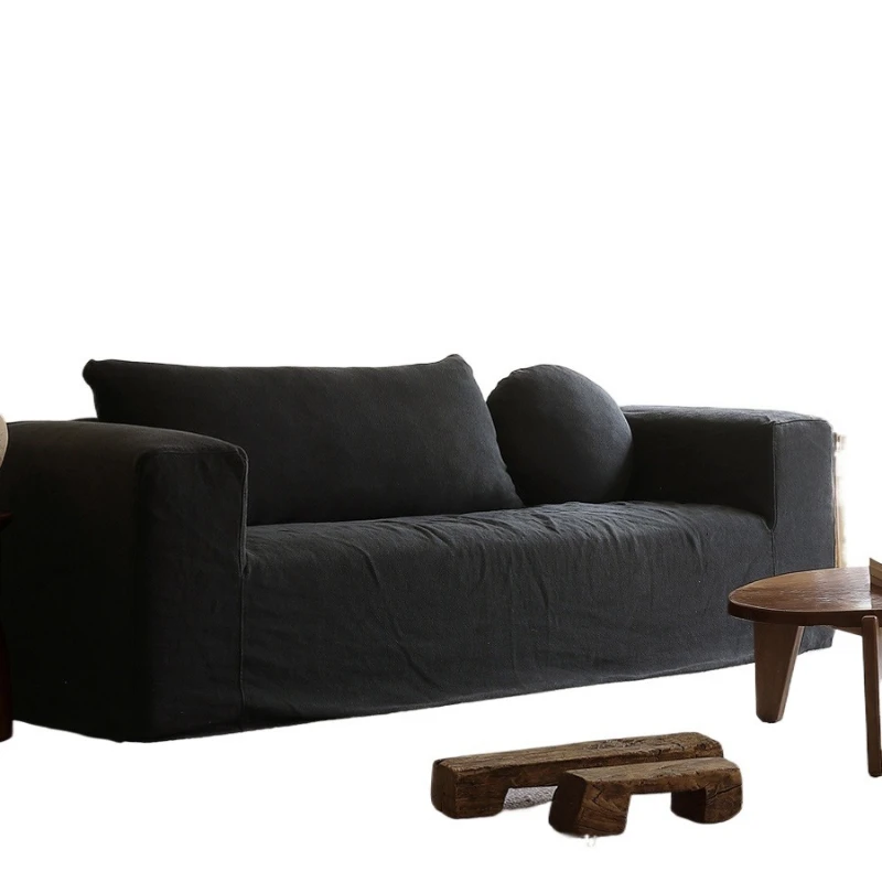 

Wabi-sabi style, linen fabric, three-person sofa, removable black Nordic