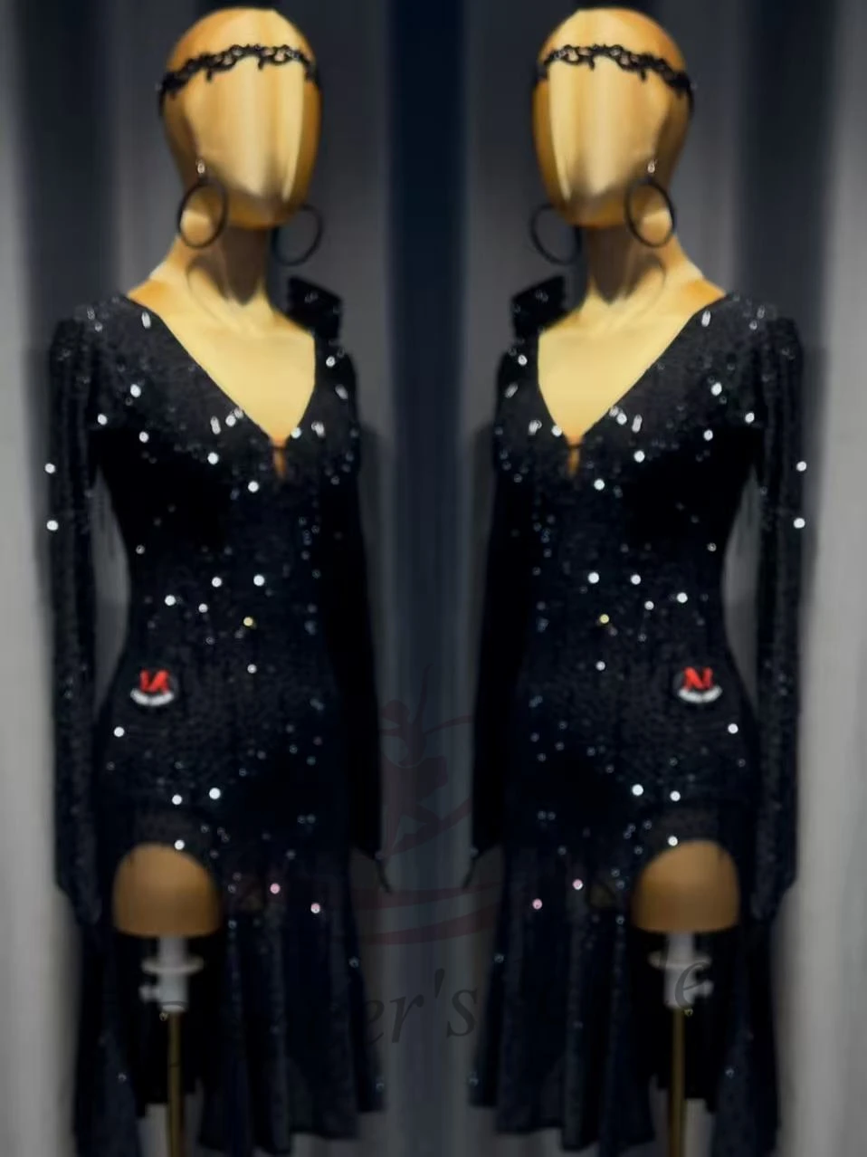 الرقص اللاتيني AB Stone أنثى الكبار الأطفال الراقية مخصصة منتصف الليل السماء المرصعة بالنجوم سبليت تنورة سوداء بركة السامبا الأداء فستان #1