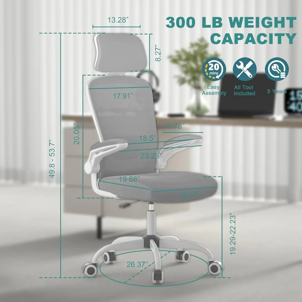 Office Chair, High Back Ergonomic Desk Chair with Adjustable Lumbar Support and Headrest, Swivel Task Chair with flip-up