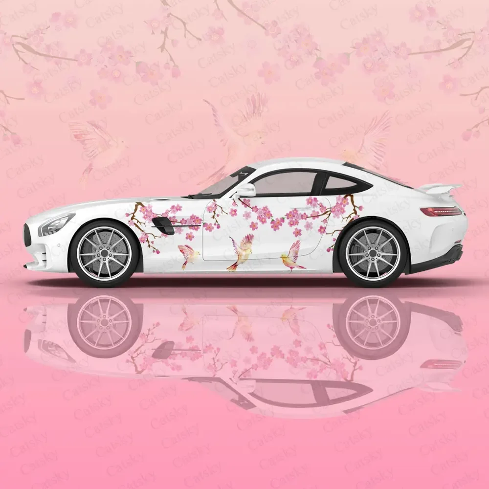 Cherry Blossoms Car Graphic Decal Protect Full Body Vinyl Wrap Modern Design Bird Image Wrap Sticker Decorative Women Car Decal