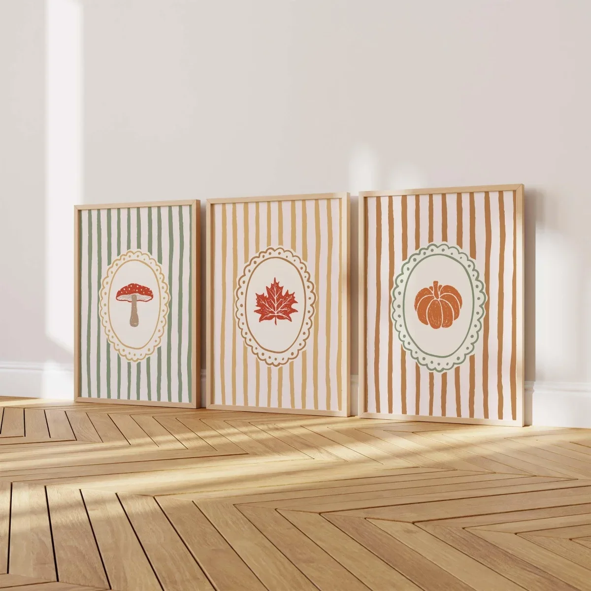 3PCS Large-sized frameless canvas paintings,3pcs/set Autumn Striped Mushroom Pumpkin Maple Leaf Canvas Prints Poster Rustic Cozy