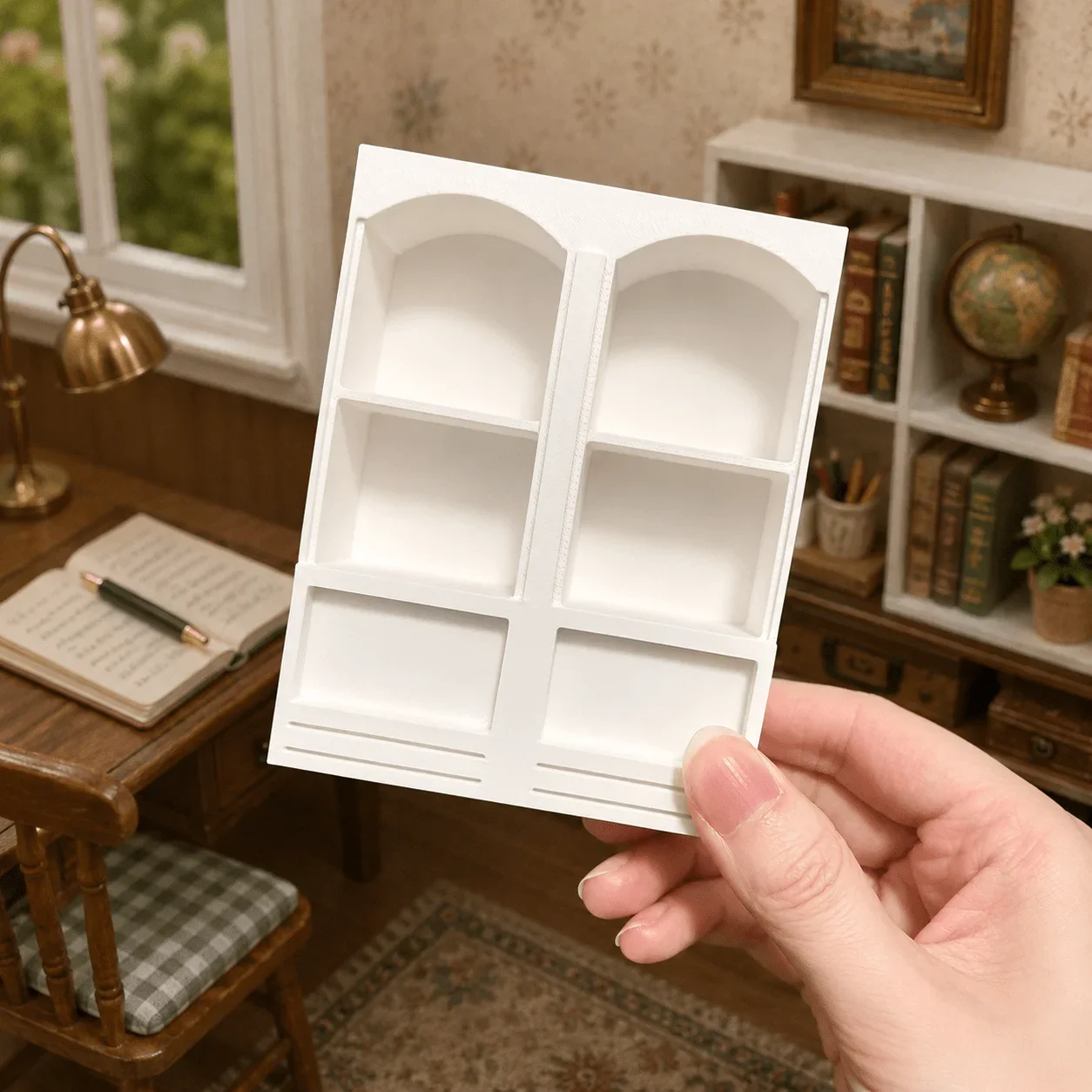 Miniature White Vintage Arched Bookshelf Cabinet,Fine Workmanship Model Furniture for Diorama Making, Micro Scene Building