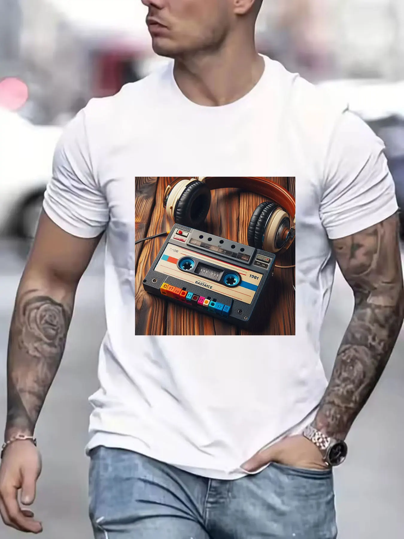 Vintage 1981 Cassette Tape Walkman Graphic Cotton T-Shirt for Men, Retro 80s Music Lover Short Sleeve Tee, Nostalgic Portable