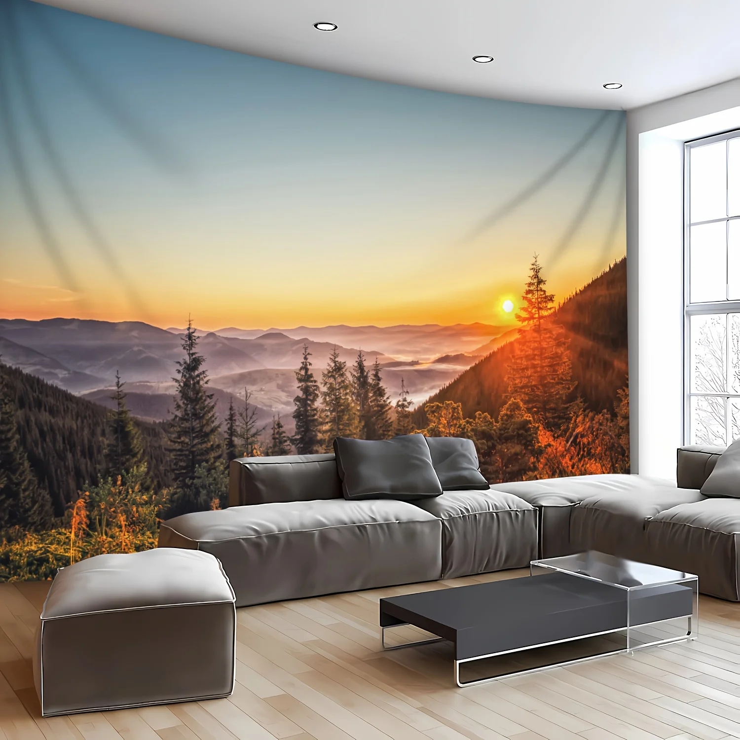 Premium Mountain Landscape Tapestry Wall Hanging for Living Room Decor Realistic Boho Sunrise Sunset Forest Background Art Print