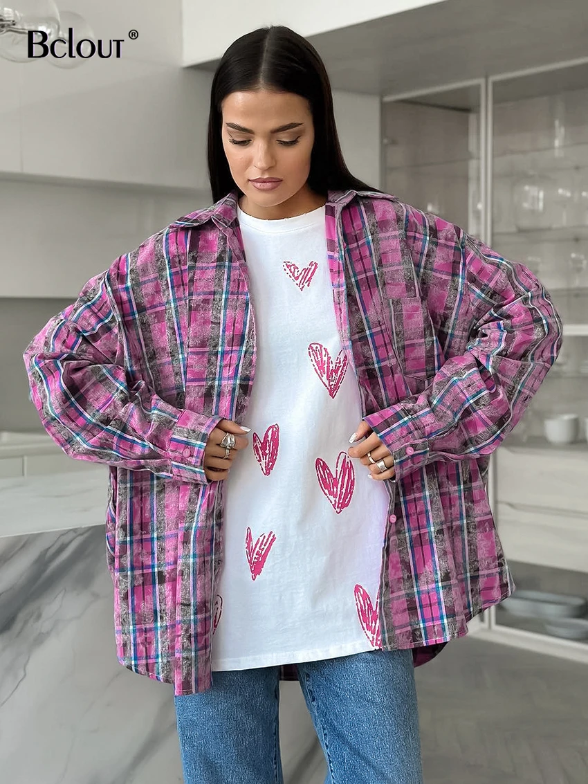 Bclout Fashion Cotton Plaid Shirts Blouses Women Casual Pink Long Sleeve Loose Shirts Spring Pockets Party Blouses Coats Female