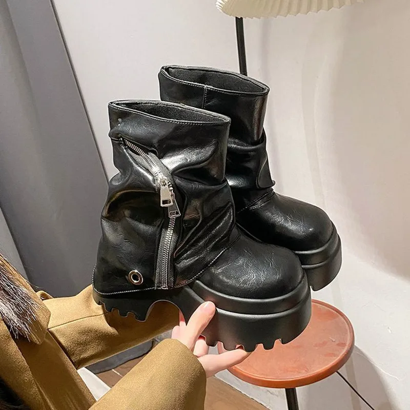 

Женские осенне-зимние кожаные ботильоны на каблуке 9 см, на массивной платформе, в стиле милитари, новые, нескользящие, мотоциклетные ботинки, женские панк-ботинки