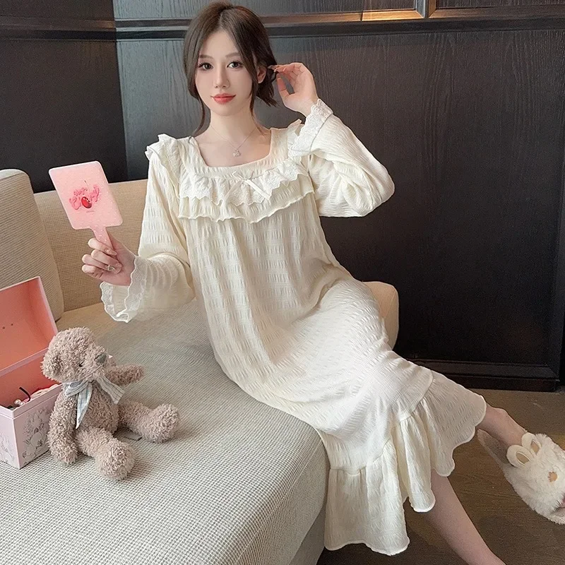 5XL Plus Size Sweet Women\'s Nightgowns Long Sleeve Cotton Sleepwear Dress Spring Autumn Home Clothes Female Loose Night Shirt