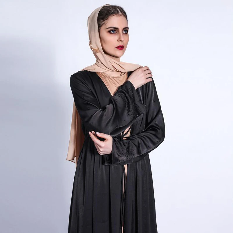 ชุดกิโมโนผ้าซาตินแบบเปิดสไตล์ดูไบ อาบายะตุรกี คาฟตัน ชุดมุสลิมสำหรับผู้หญิง เสื้อคลุมแบบอิสลาม ชุดสำหรับวันอีดและรอมฎอน ชุดคลุมยาวแบบจาลาบียะ