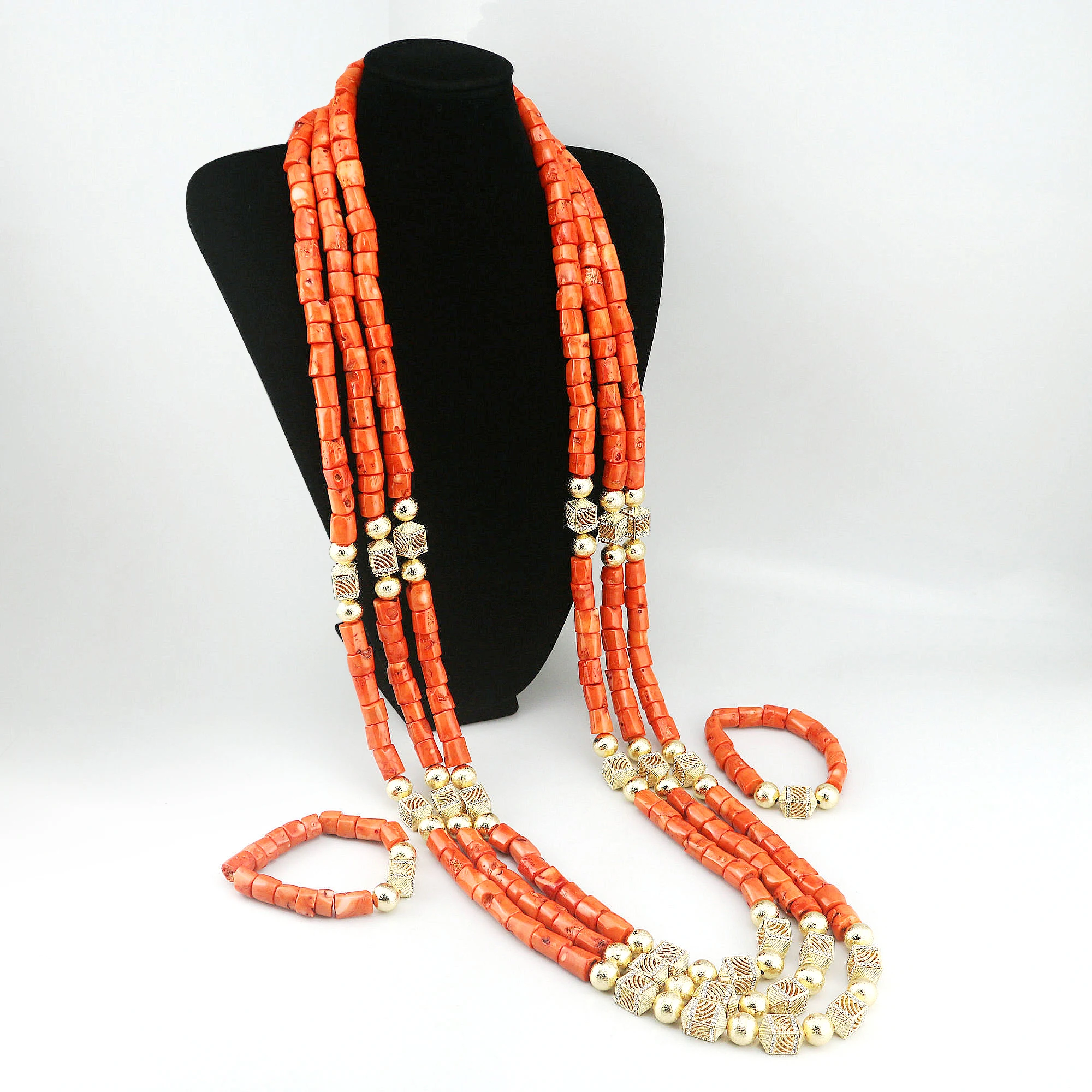 Artificial Coral Beads Long Necklace Bracelet Set for Man Nigeria African Wedding Jewelry Accessorise Free Shipping