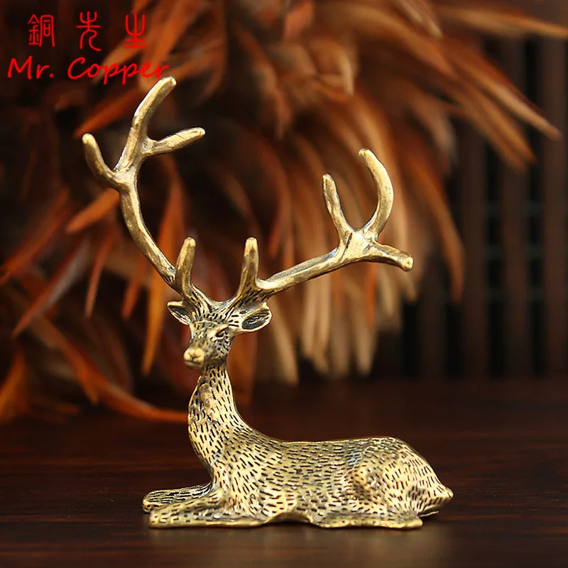 Solid Brass Long Horn Elk Small Statue Desktop Ornaments Vintage Animal Figurines Model Lucky Home Decoration Crafts Accessories
