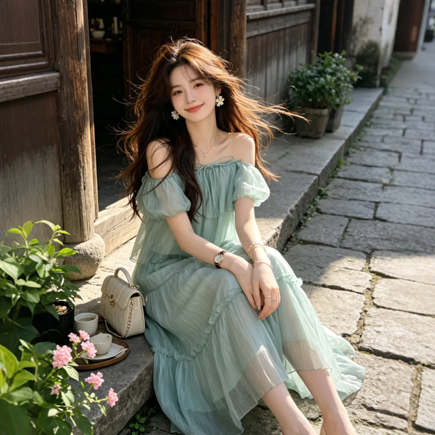 

Gentle Wind Beautiful One Shoulder Top Half Skirt Two Piece Set Whole OOTD Summer 2026 Comfortable Short Sleeve Cotton Blend