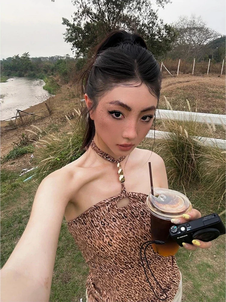 مثير ليوبارد طباعة Y2k الجمالية تانك القمم الشارع الشهير الرسن خمر الجوف خارج الدبابات Harajuku Bodycon عارية الذراعين بروتيل الصيف