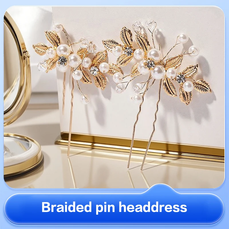 1PC U-shaped hairpin golden leaf pearl hair fork bride's headpiece silver wedding hairpin and hair accessory