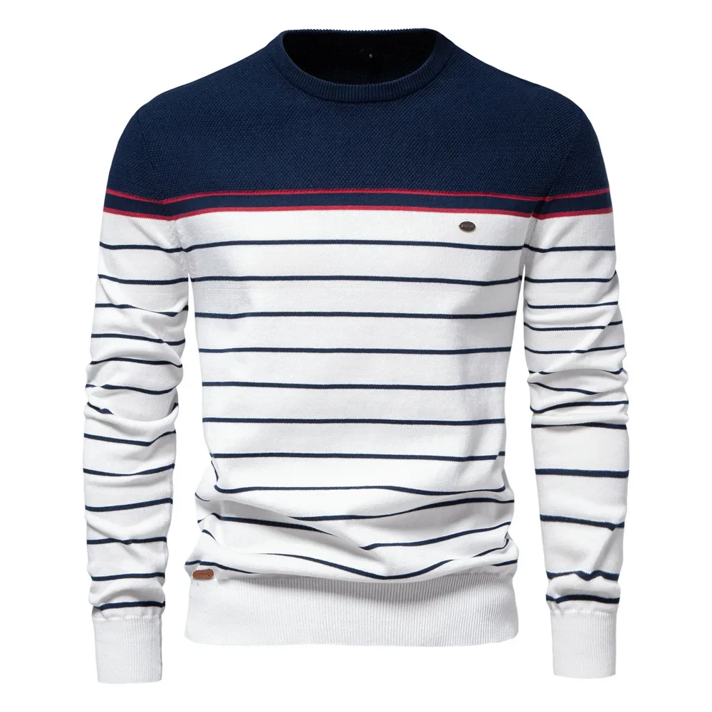 

Men Male Slight Strech Winter Tops Striped Round Neck Jumpers Knit Sweater Patchwork Long Sleeve PulloversCasual Sweaters Tops