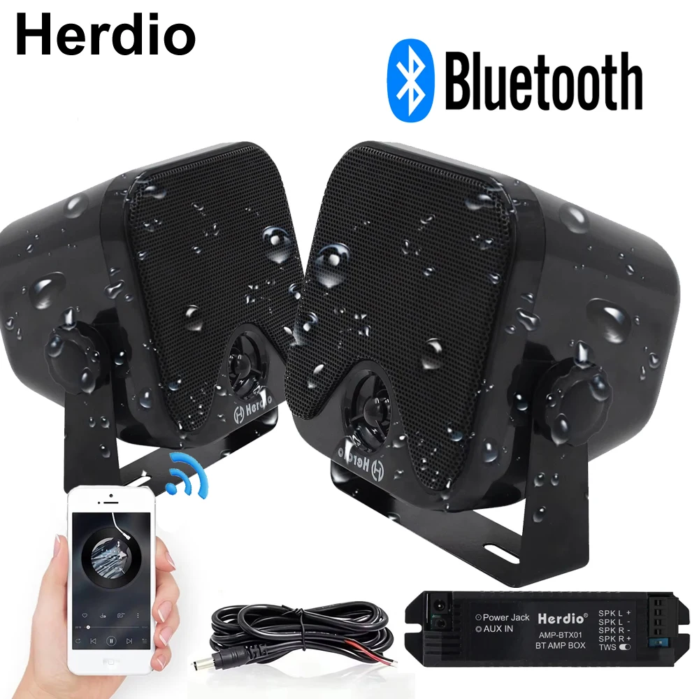 

Herdio 120W 4inch Heavy-Duty Waterproof Marine Boat BT5.0 Speaker Surface-Mounted Fit for Camper Skid Steer ATV UTV RZR Golf DC