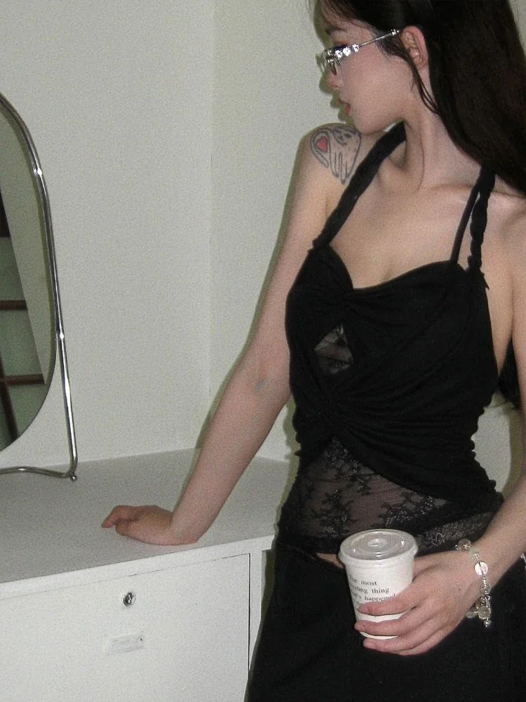 Frauen Y2k Ästhetische Spitze Patchwork Top s Sommer Grunge Halter Fee Crop Camisoles Sexy Streetwear Backless Vintage