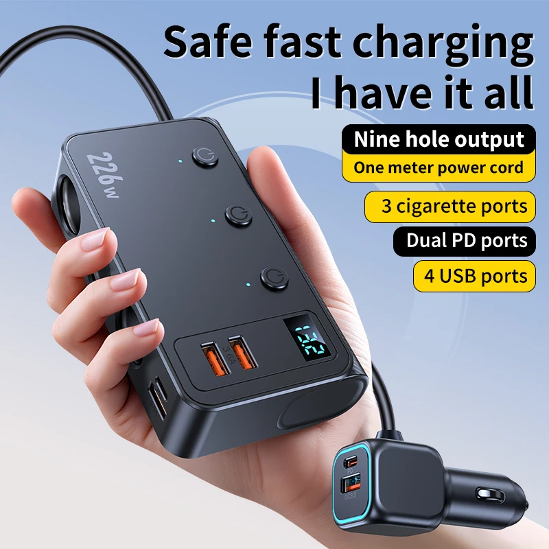 226W Car Charger 3 Ports USB PD Fast Charging Adapter With Independent Switch 1 To 3 Cigarette Lighter Socket Splitter