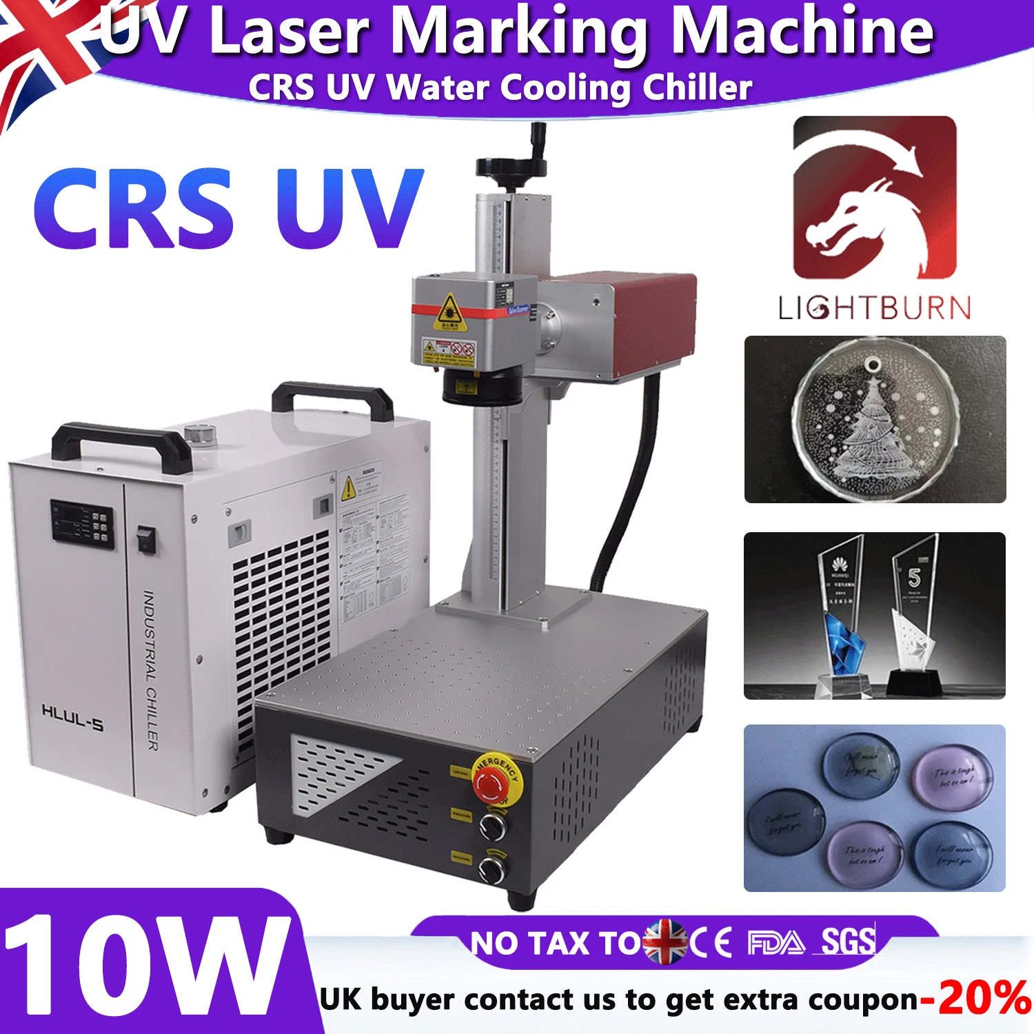 Máquina de marcado láser UV CRS de 10W, enfriador de agua para cuero, vidrio, madera, acrílico, PVC, plástico, grabador de fuente láser de 200x200mm