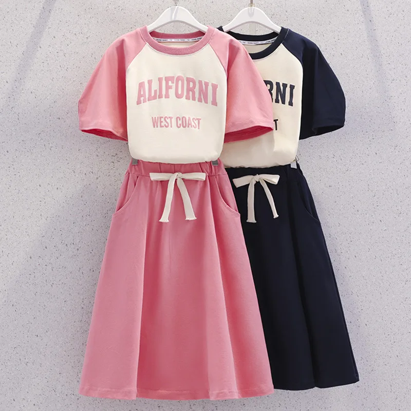 Summer Teenage Girls Clothes Set Children Letter Tshirts and Skirts 2 Pieces Suit Kid Fashion Top Bottom Outfits Streetwear