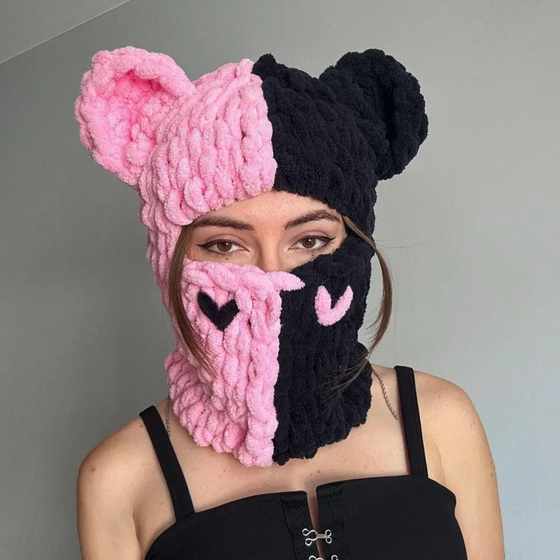 

Cute Full Face 모자 Cover Ski Mask Hat with Bear Ear Balaclava Knitted Hats Windproof Skullies Beanies Winter Warm Unisex Caps