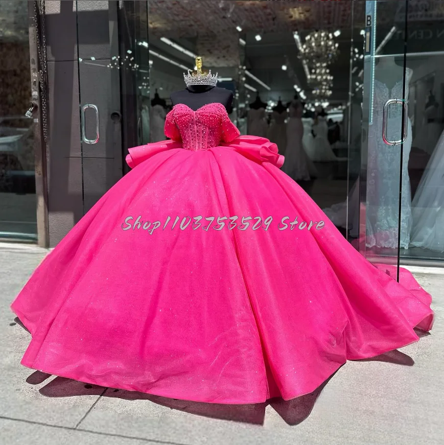 Gorgeous Rose Sweetheart 15 Quinceanera Dresses Sparkling Beaded Card Shoulder Tie Bow Tulle Romantic Puffy Dresses