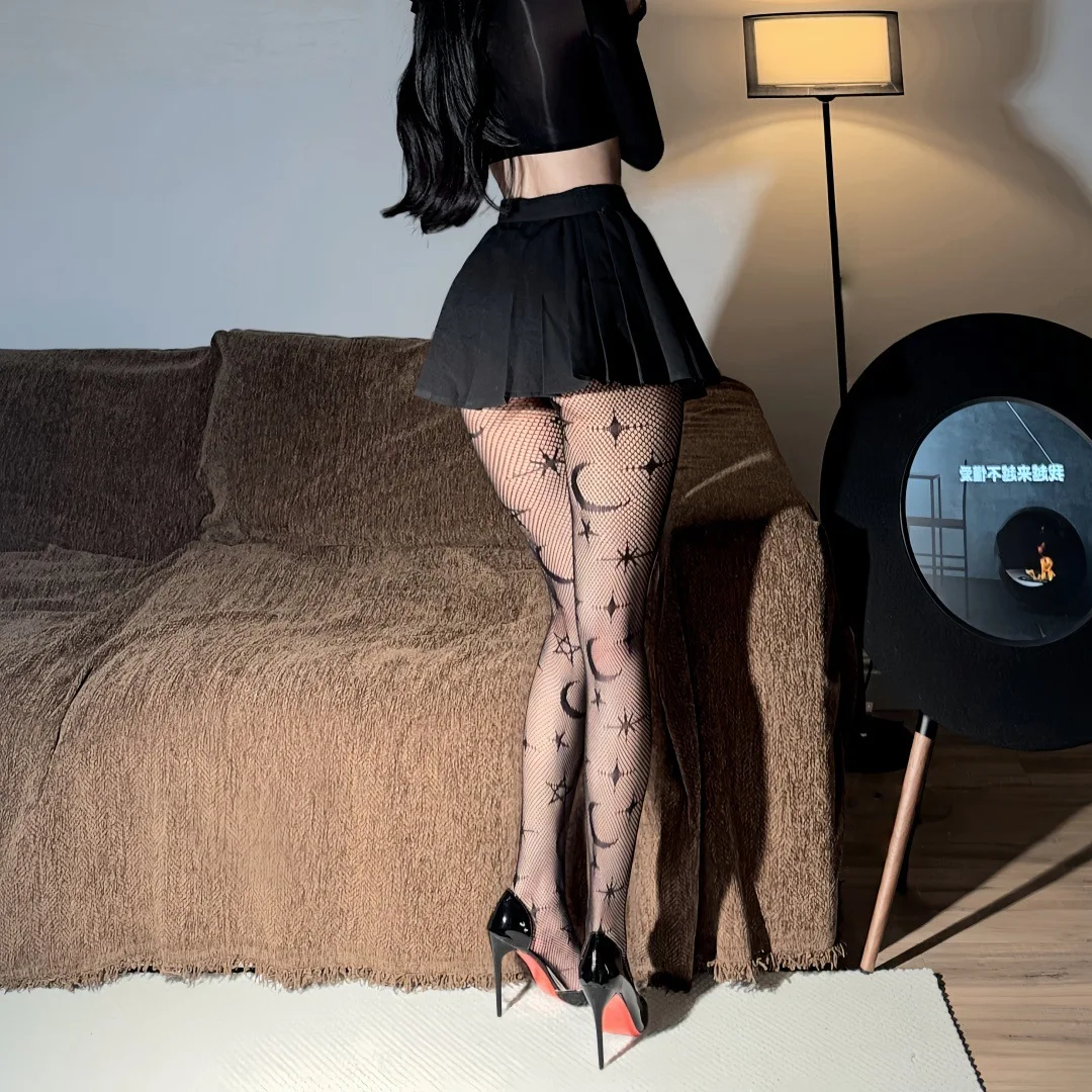 

Romantic Fishnet Lace Tights for Women – Star & Moon Black Sheer Pantyhose with Anti-Snag Design, Slimming Body Shaping