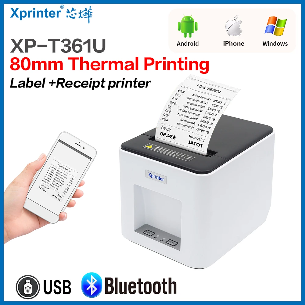 

Термопринтер Xprinter 361B, принтер для печати этикеток и штрих-кодов, принтер для чеков, поддержка 20-80 мм, 2 в 1, принтер для Android, iOS, Windows