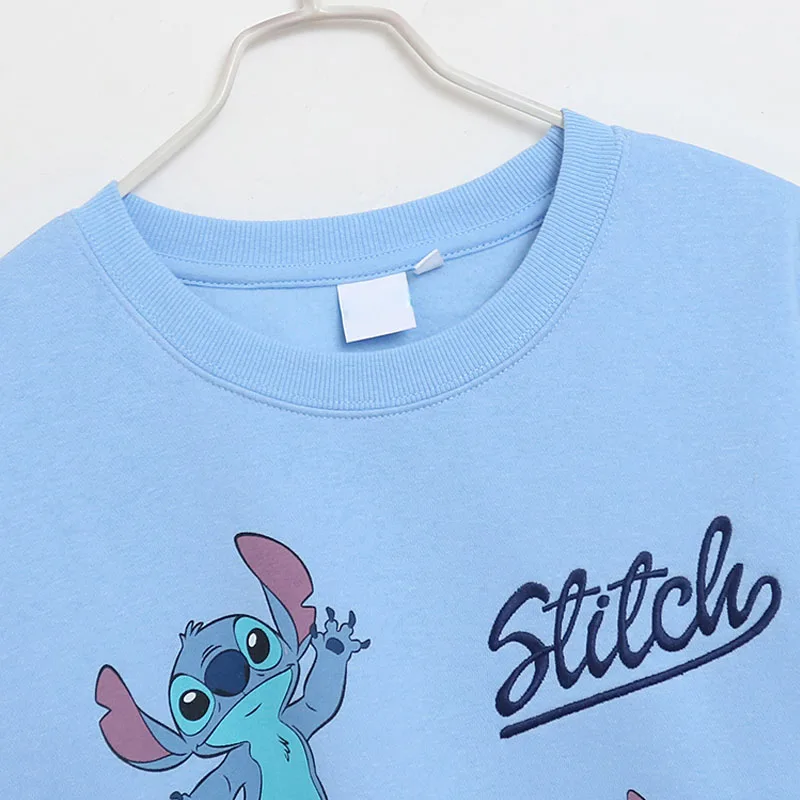 Disney Stitch Embroidery Front Back Print Sweatshirt Women Casual Fleece Pullover Tops O Neck Long Sleeve Female Cartoon Jumper