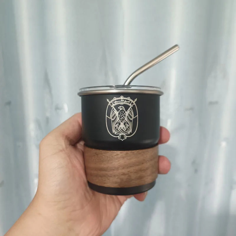 Emblem of Abu Dhabi Emirate Logo Stainless Steel Cup Mug with Wood Lid 300ml Outdoor Camping Coffee Mug Wholesale Straw Gift Cup