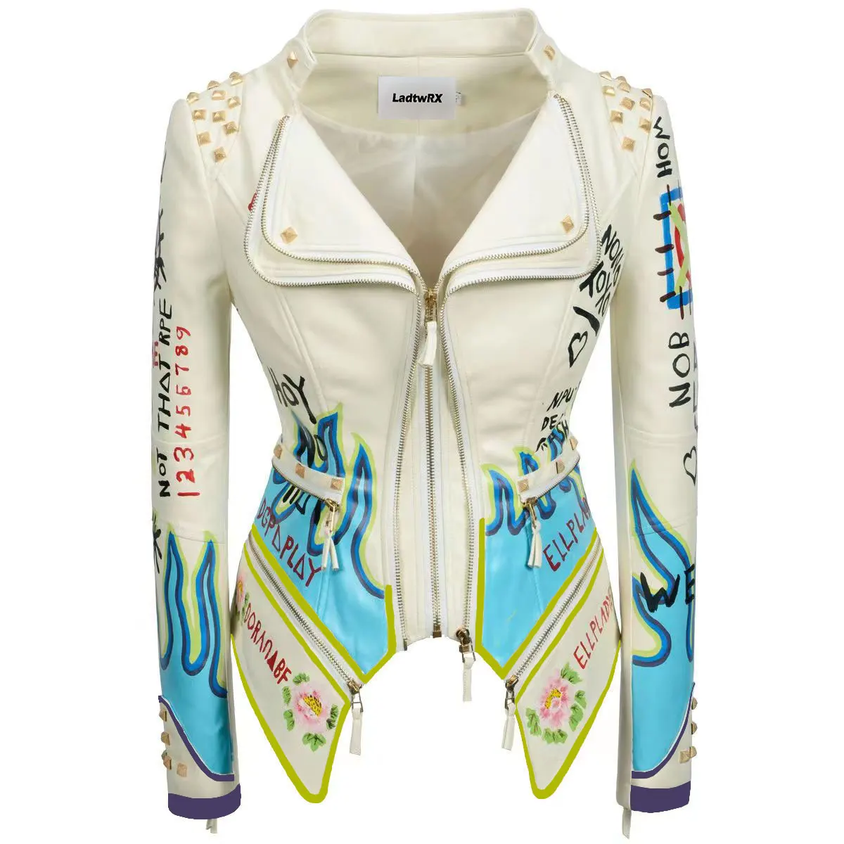 

Women's Classic PU Hand-Draw Painted Graffiti Jacket Rivet Slim Streetwear Motorcycle Rider Faux Leather Outwear