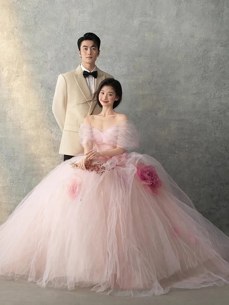 New pink outdoor travel photography dress with colorful gauze and flower goddess strapless design