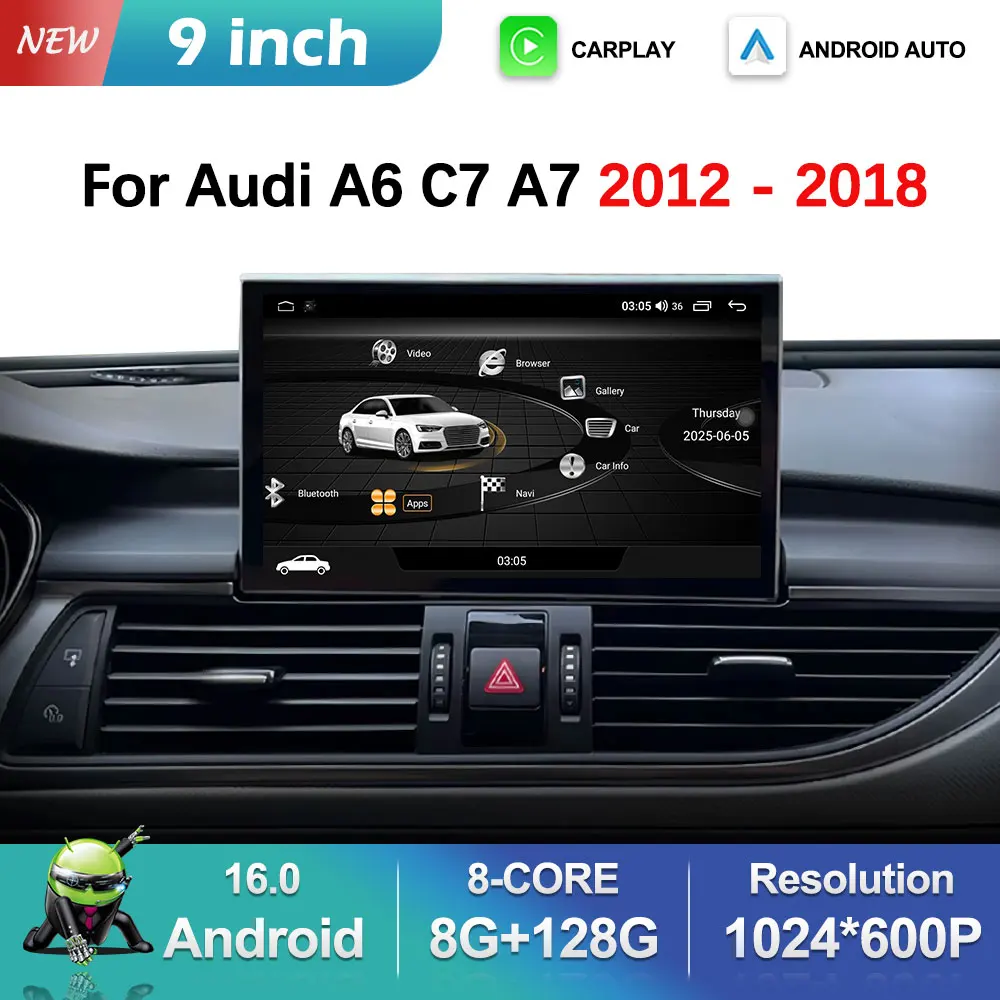 9 '' Carplay DSP Stereo Car Radio Multimedia Player for Audi A6 C7 A7 2012 - 2018 Navi GPS QLED Screen WiFi Android 16 Bluetooth