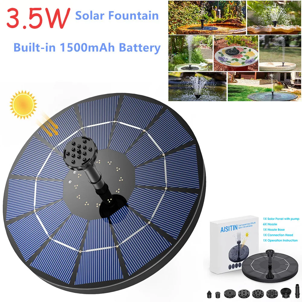 3.5W Solar Fountain Pump, Solar Water Pump Floating Fountain Built-in 1500mAh Battery, with 6 Nozzles, for Bird Bath