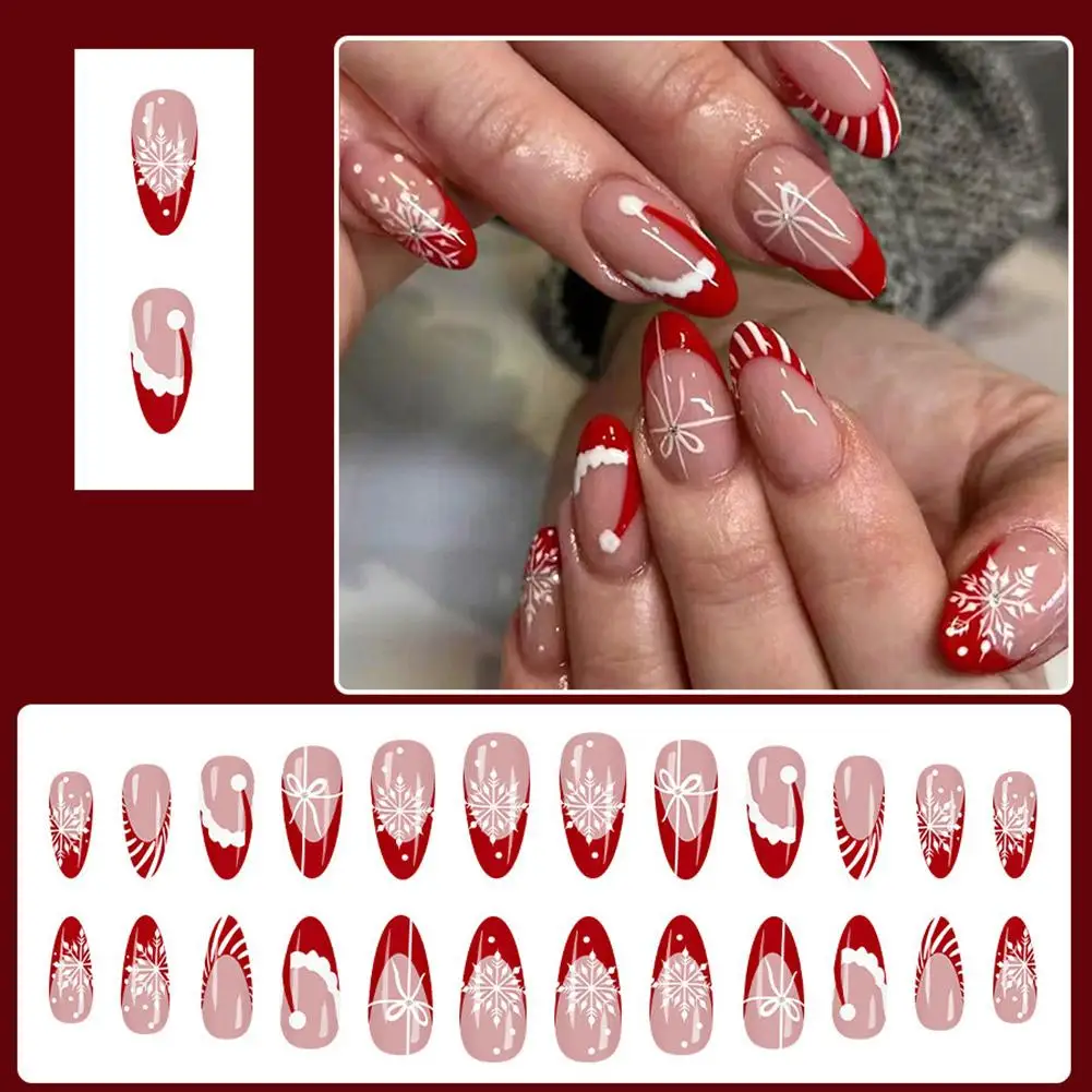 

24PCS Red French Pointed Nails Christmas Fake Nails With Snowflake Christmas Hat Design, Artificially Adhered To The Nails