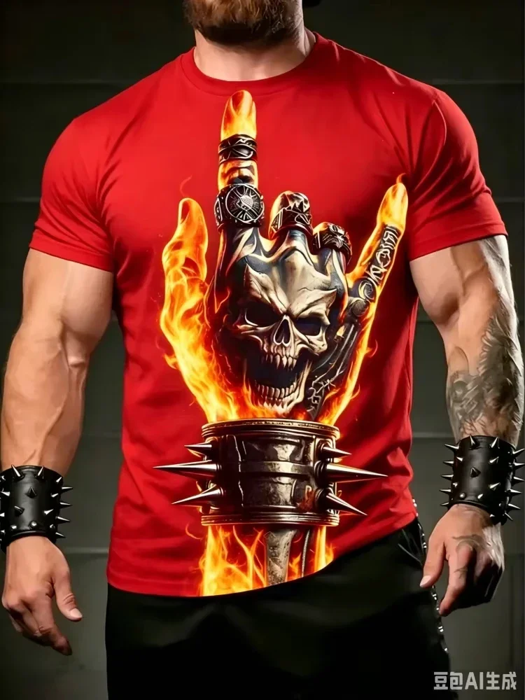 Fashion New Men's Rock On Skeleton Hand T-shirt Burning Skull Spiked Metal Bracelet Biker Daily Casual Tops Trend Streetwear