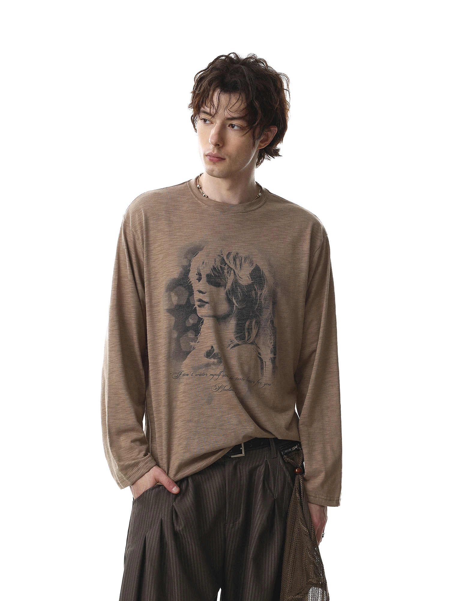 American Retro Print Long Sleeve T-Shirt Loose Casual Unisex round Neck Lazy Top Polyester Cotton Blend Spring Summer