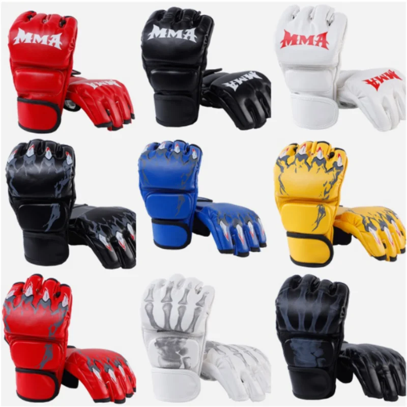 

Боксерские перчатки для ММА, кикбоксинг, перчатки из искусственной кожи с полупальцами, тренировочное оборудование для муай-тай, саньда, различные стили, перчатки для ММА, унисекс для взрослых