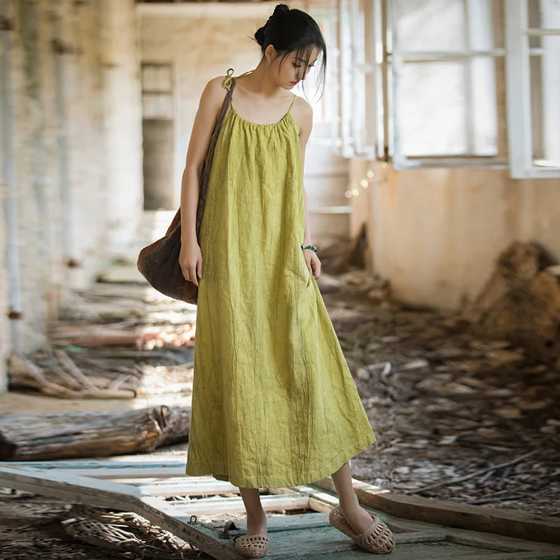 Sleeveless Dress Long-Length Literature and Art Retro Spring Summer  Cotton and Linen Loose Thin National Style