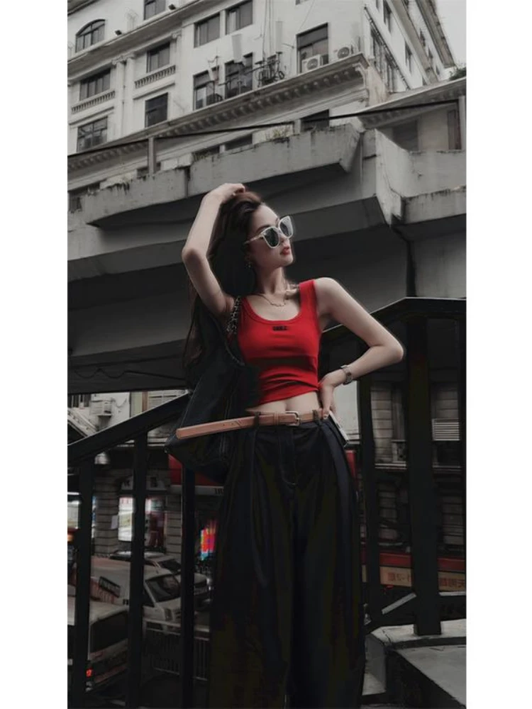 Red U-Shaped Letter  Strap Vest Women Summer Inner Match Pad Exterior Beautiful Back Bra Integrated Base Top