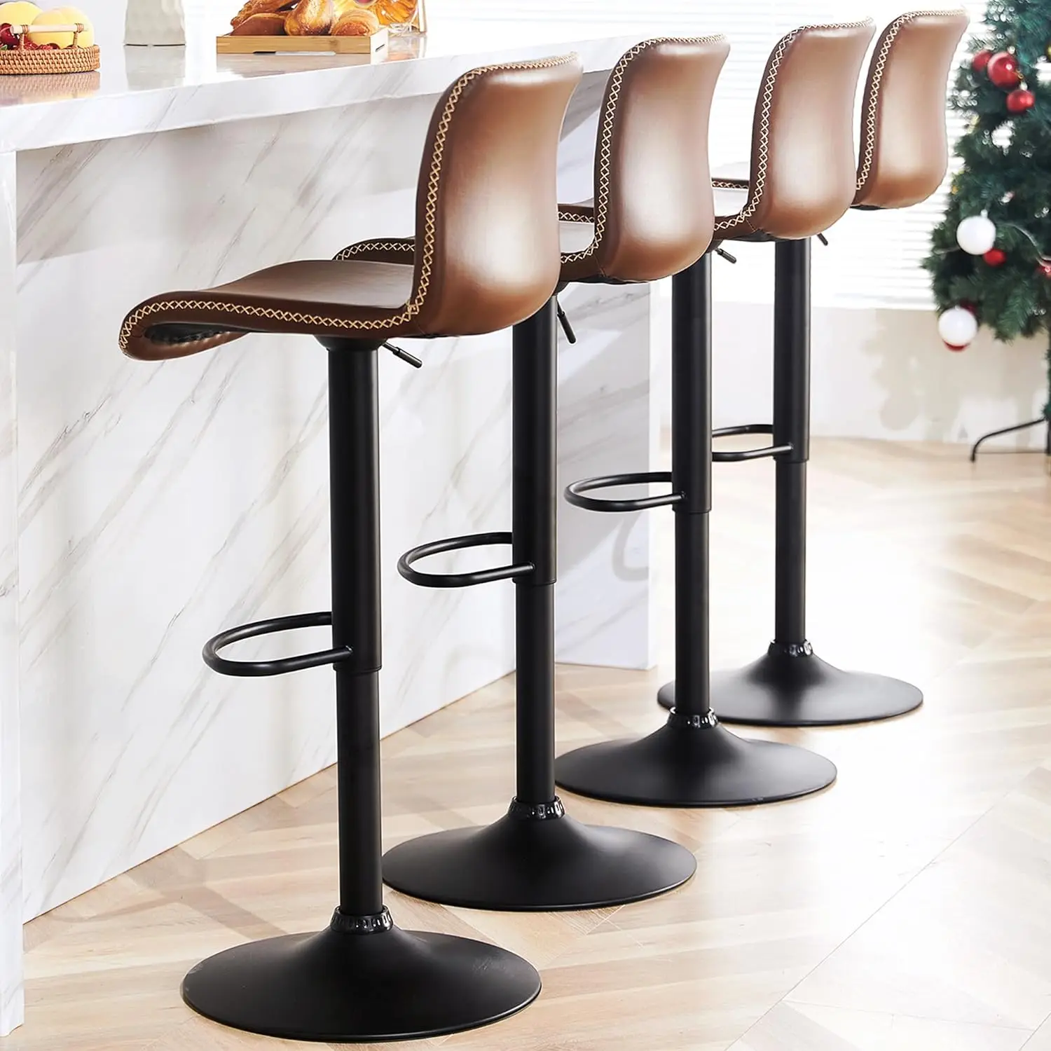 Swivel Bar Stools Set of 4,Counter Height Bar Stools with Back, Adjustable 24" to 32", Brown Faux Leather