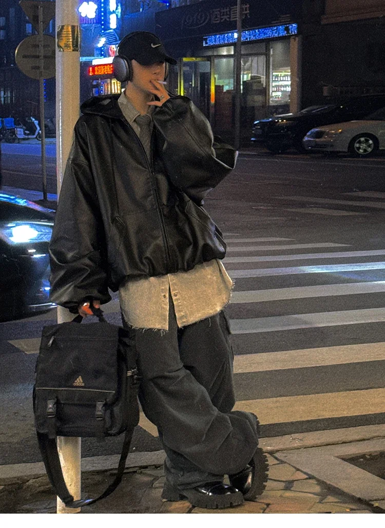Frühling Herbst Kurze Übergroße Schwarze Weiche PU-Lederjacke für Männer mit Kapuze Reißverschluss Locker Lässig Koreanische Modekleidung – Detail 2