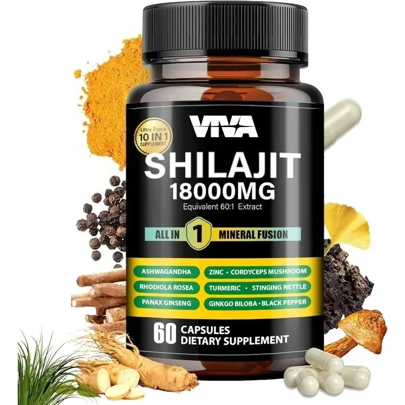 Shilajit capsules 18000mg, containing Rhodiola rosea, ginseng, cordyceps sinensis, turmeric, ginkgo biloba, and humic acid eat