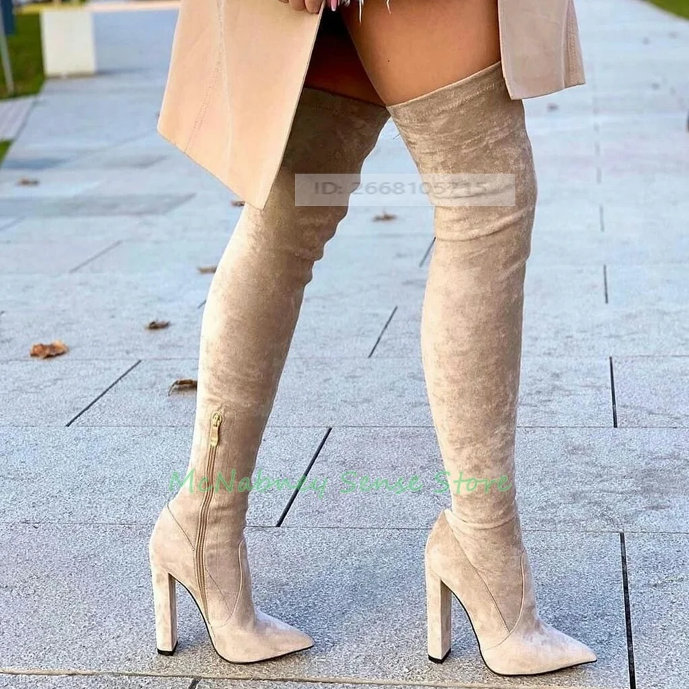 

Тонкие облегающие однотонные ботинки с острым носком на массивном высоком каблуке с боковой молнией, выше колена, повседневные, женские, люксовые, весна-осень