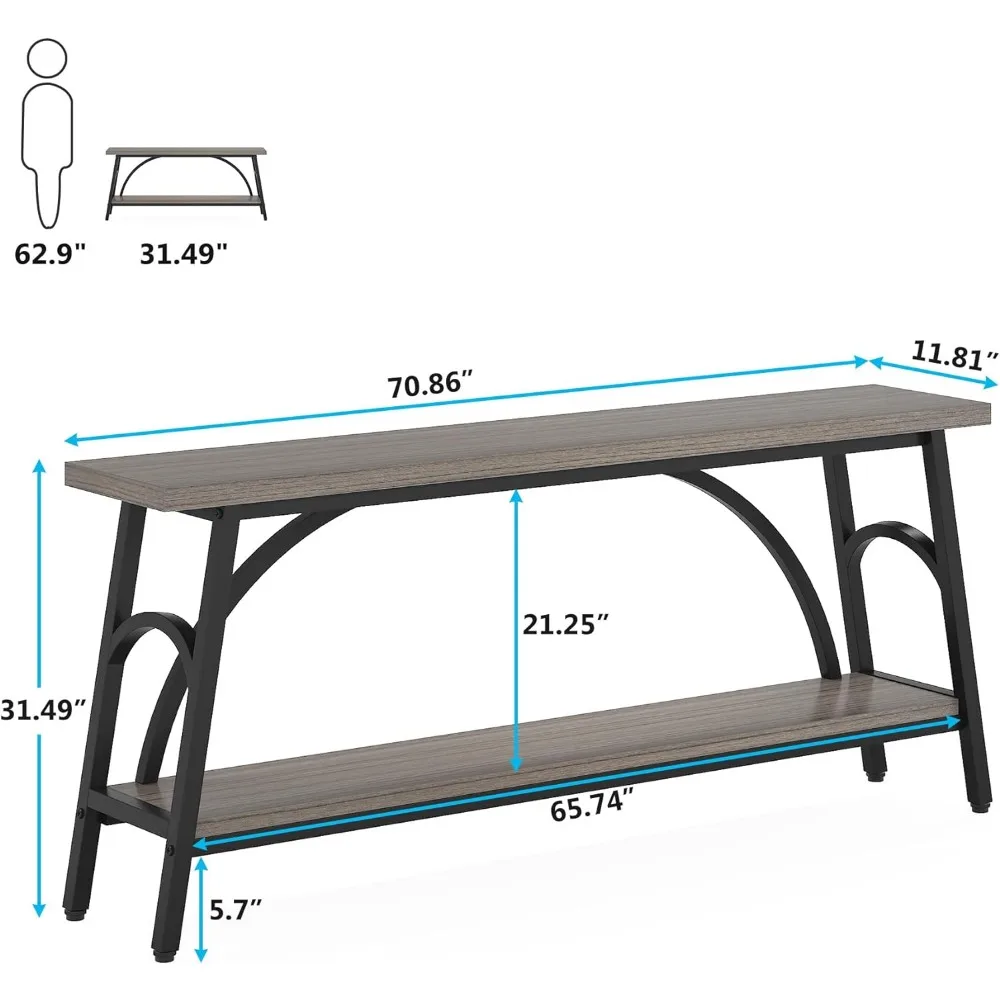 70.8”Sofa Tables, Extra Long Console Tables for Entryway, 2 Tier TV Stand with Black Steel Frame for Living Room