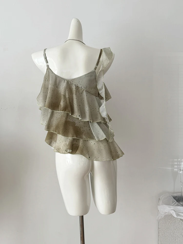 Summer Women Coquette French Vintage Camisole Chiffon Gyaru Tierred Ruffles Halter Top 2000s Aesthetic Mori Girl Solid Color New