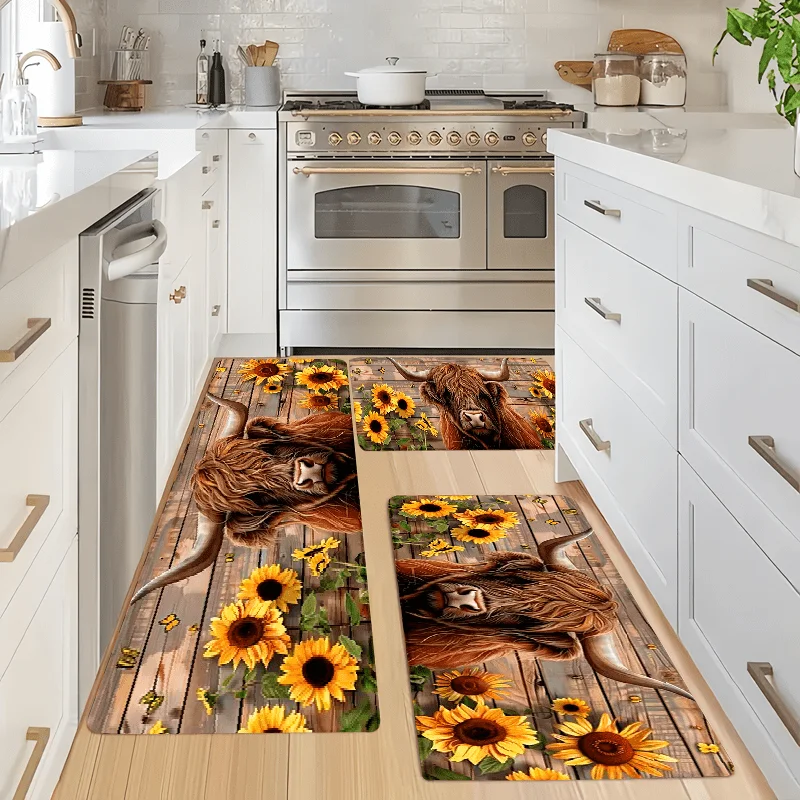 Cow & Sunflower Doormat, Farmhouse Kitchen Rug with Wooden Fence, Machine Washable Polyester Door Carpet Mat