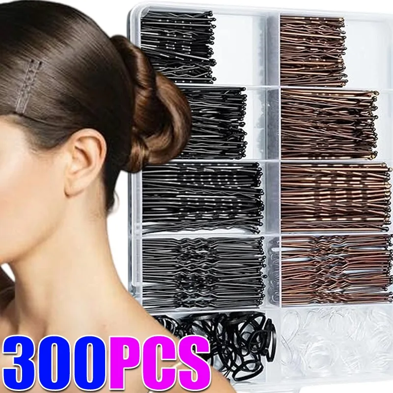 

300pcs/set Hair Pins Kit Buns Brown U Shape Pins Hair Ties Set with Box Black Metal Clips Hairpin Weddings Parties Daily Wear