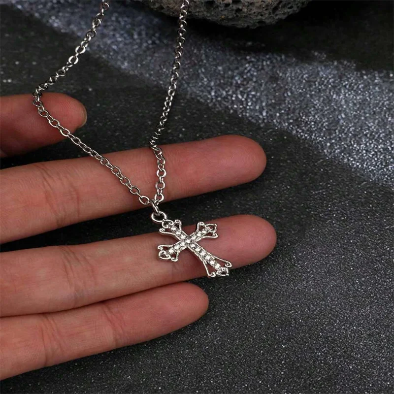 الرجعية القوطية نمط لامعة حجر الراين الصليب سلسلة قلادة للنساء والرجال، للجنسين مجوهرات بسيطة #3