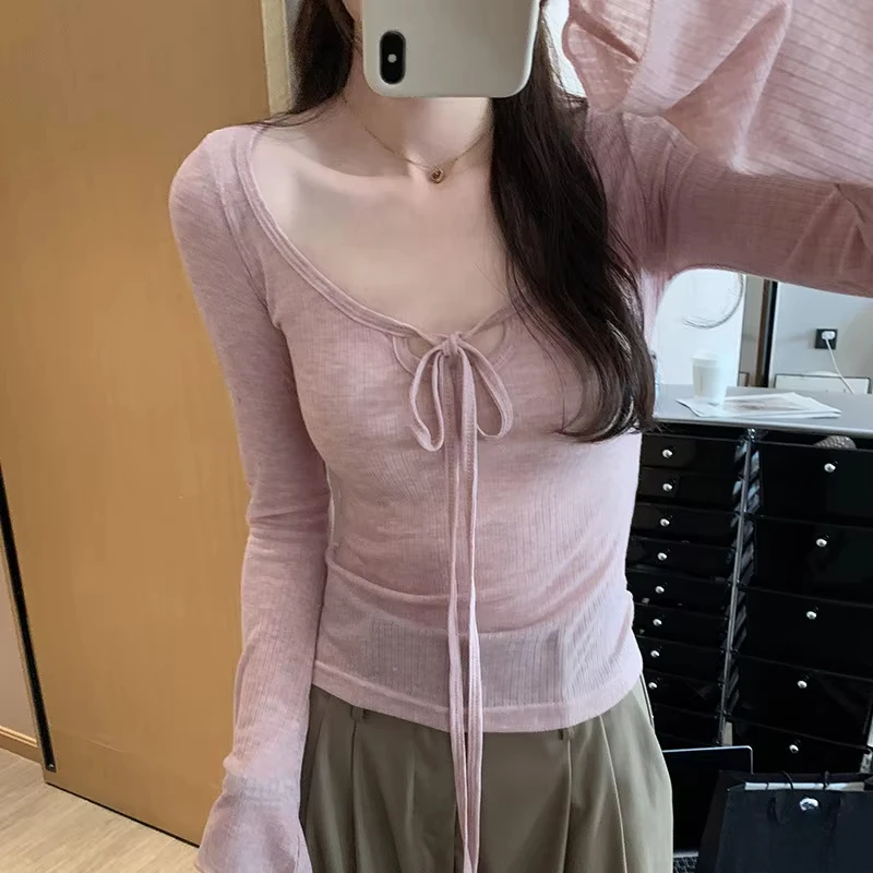

2025 Spring/Summer Thin Sweet Slimming Lace up Long Sleeve Micro Transparent Sunscreen Cover T-shirt Top